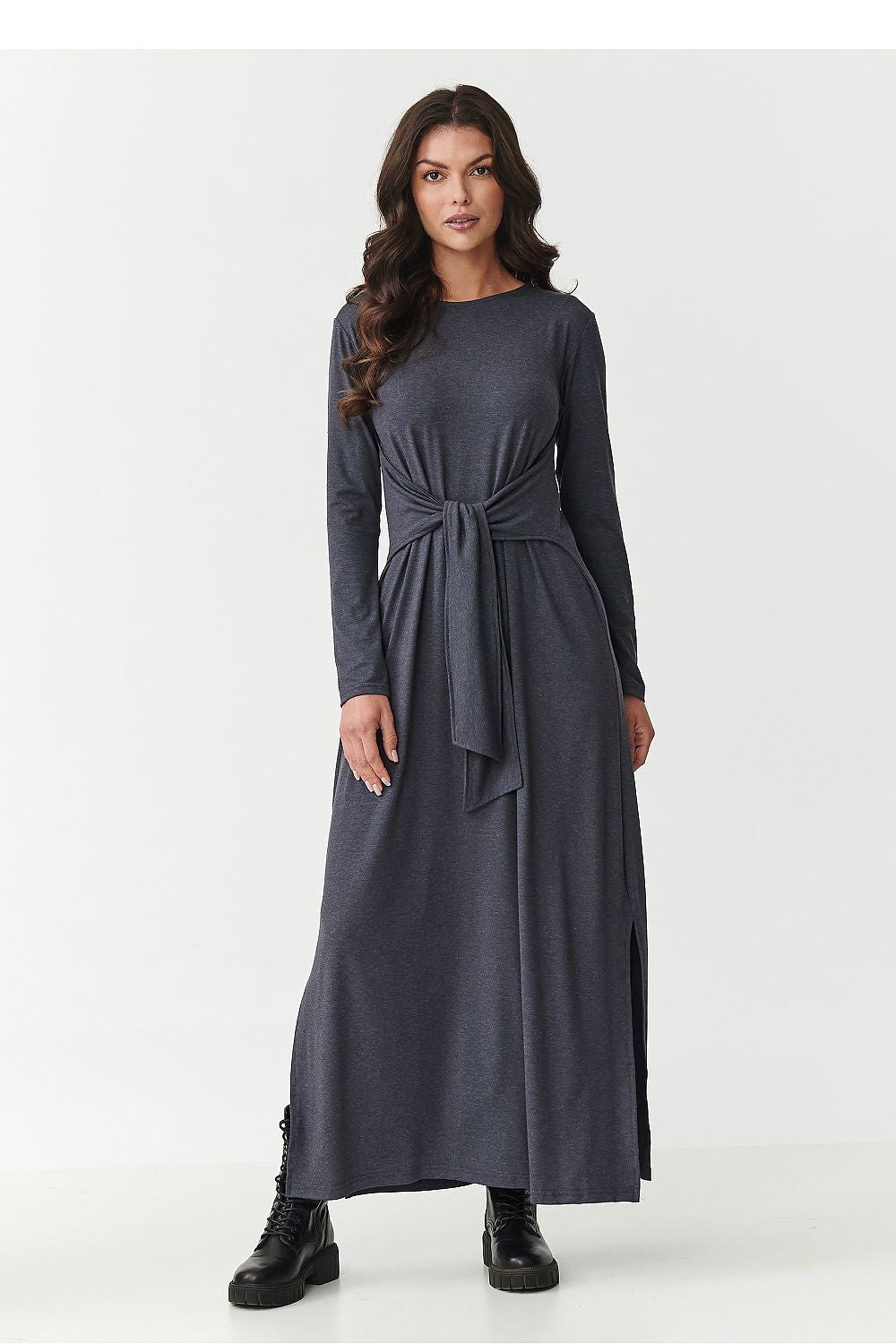 Elegant Maxi Dress by Makadamia in rich anthracite, highlighting the round neckline and long sleeves for a chic look.