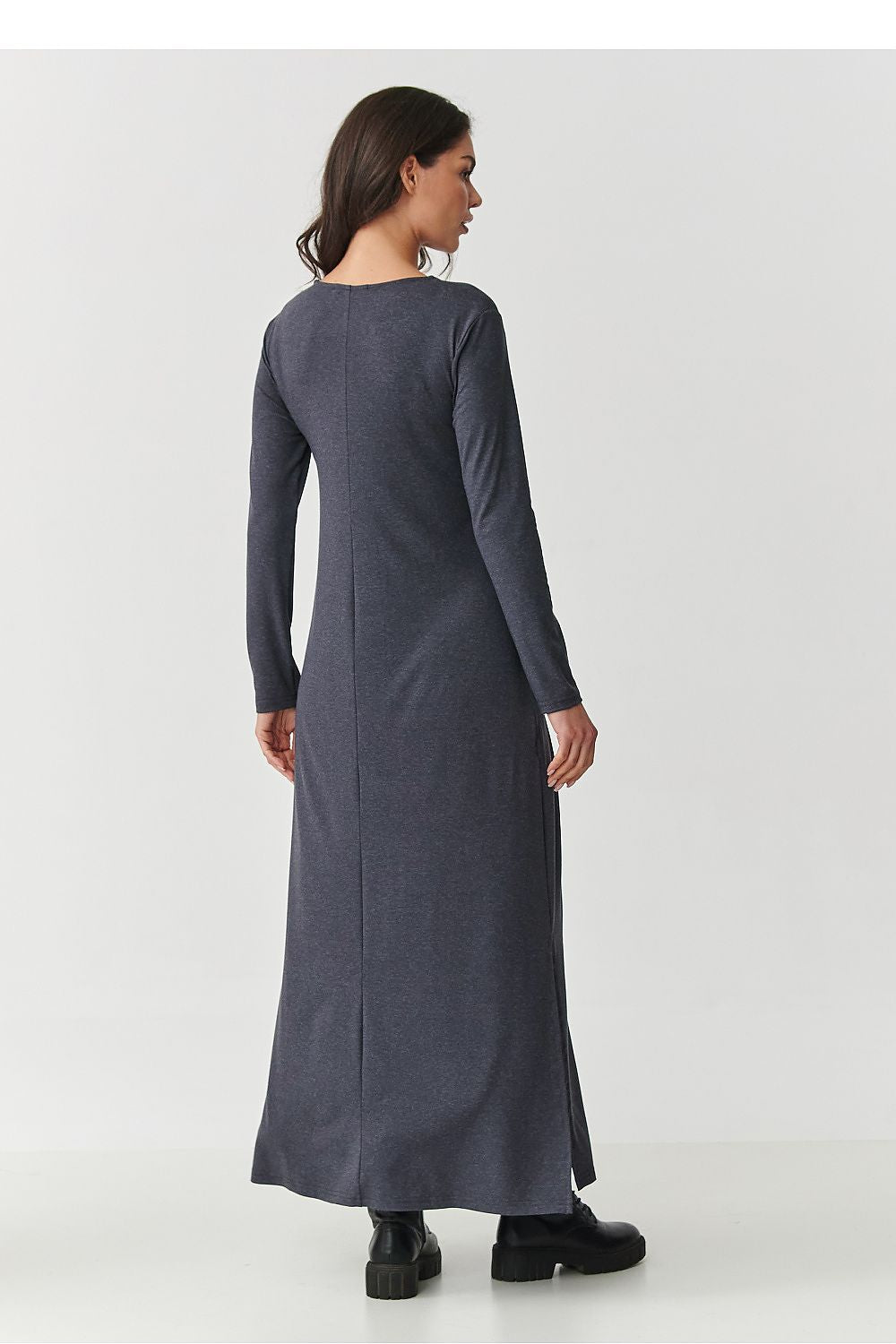 The luxurious Makadamia Elegant Maxi Dress displayed with subtle side slits, perfect for creating sophisticated outfits.