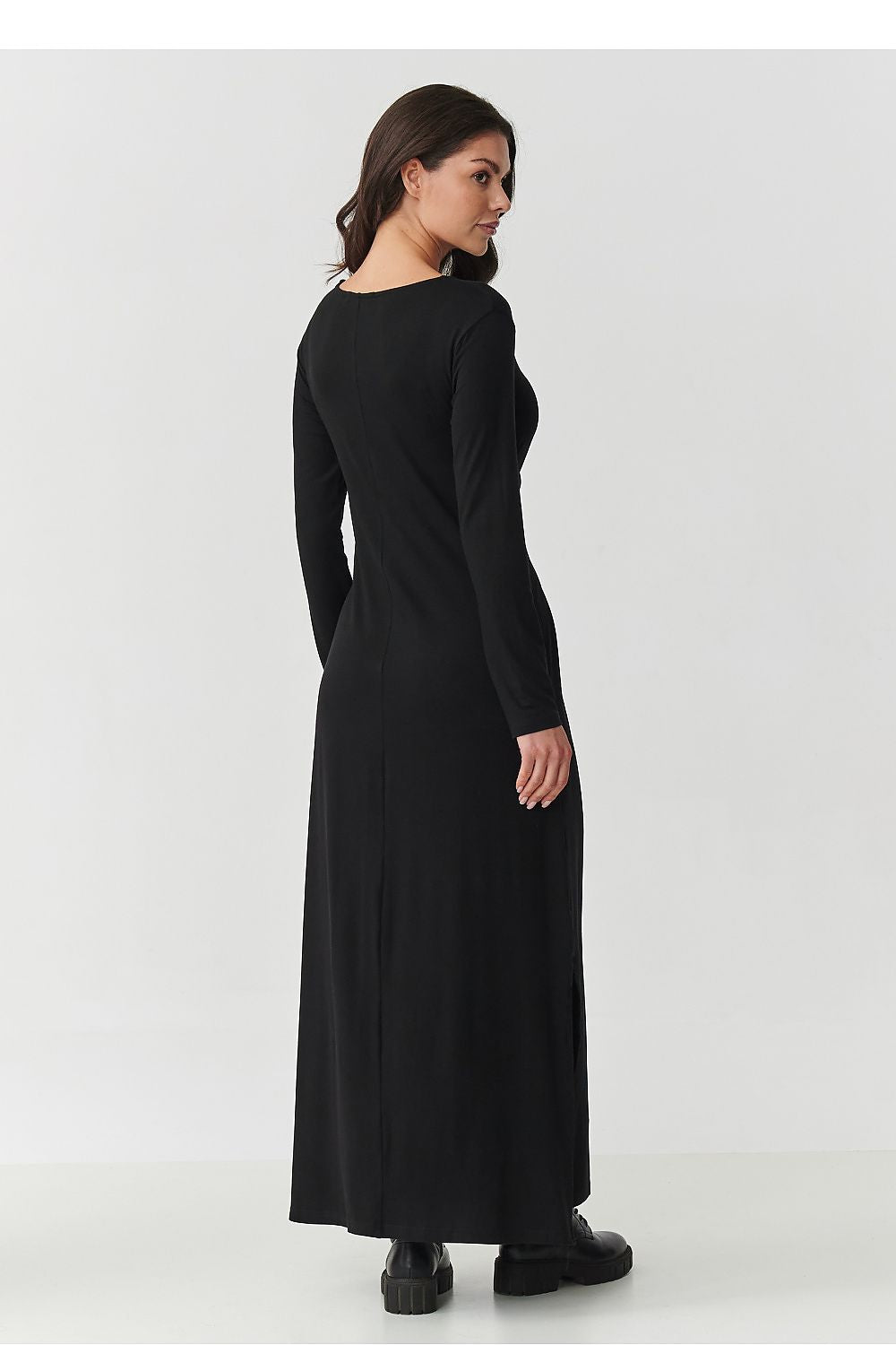 Stylish Makadamia maxi dress with long sleeves and subtle side slits, perfect for versatile daily wear and chic outings.