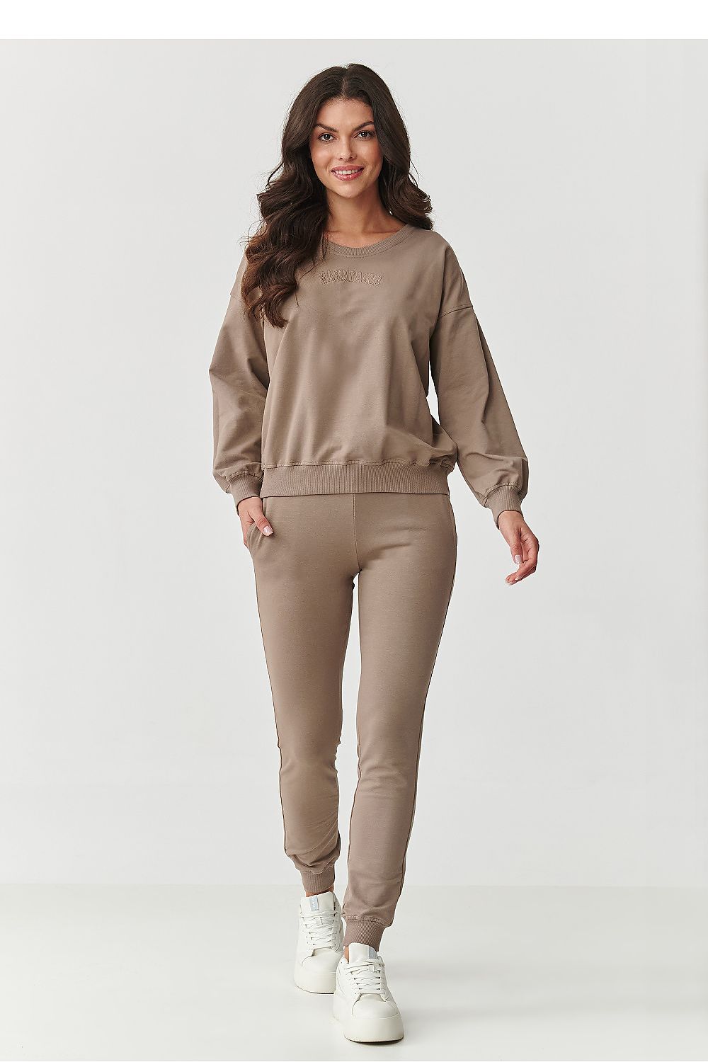 Makadamia Women's Cotton Blend Tracksuit Set in luxurious relaxed fit, showcasing elegance and comfort, perfect for casual wear.