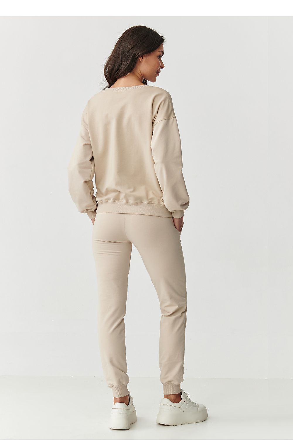 Elegant Makadamia women's cotton blend tracksuit set showcasing a relaxed fit and sophisticated style, ideal for everyday comfort.