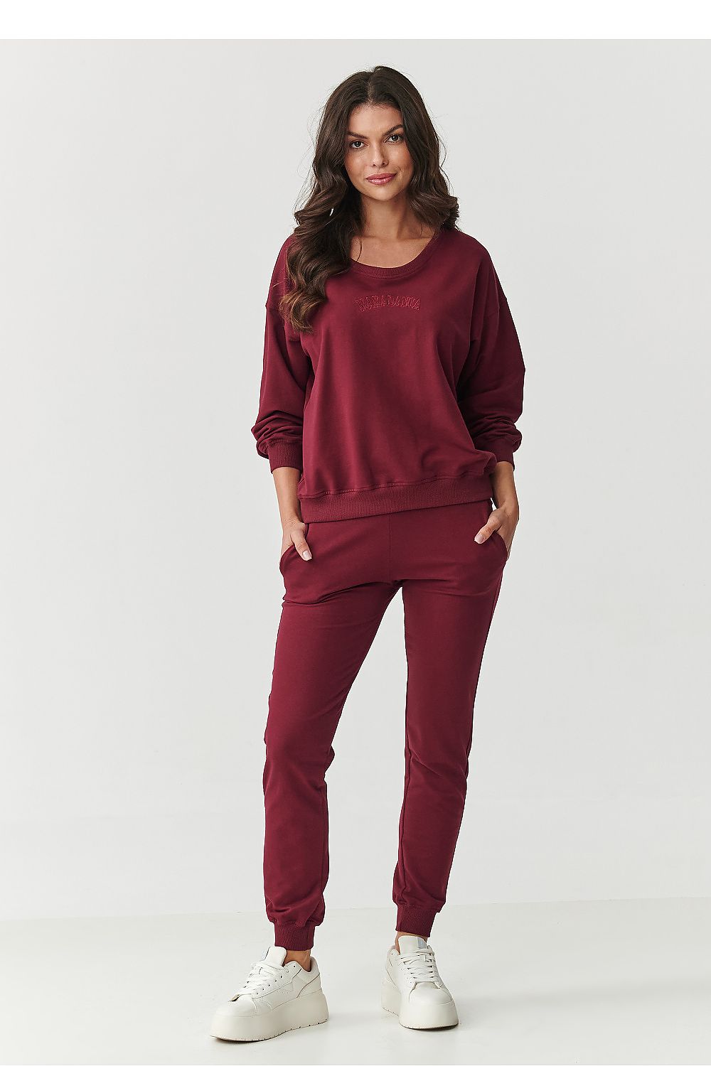 Elegant Makadamia Women's Cotton Blend Tracksuit Set featuring relaxed fit sweatshirt and fitted pants, perfect for stylish and comfortable everyday wear.