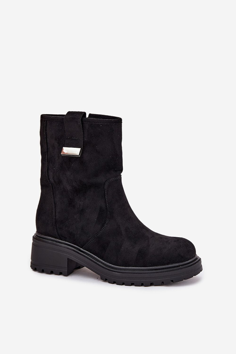 Elegant Step in Style women's ankle boots crafted from soft faux suede, elevated by a chic 4.5cm heel and decorative strap, ideal for everyday elegance.
