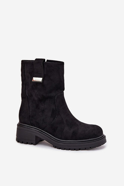 Elegant Step in Style women's ankle boots crafted from soft faux suede, elevated by a chic 4.5cm heel and decorative strap, ideal for everyday elegance.