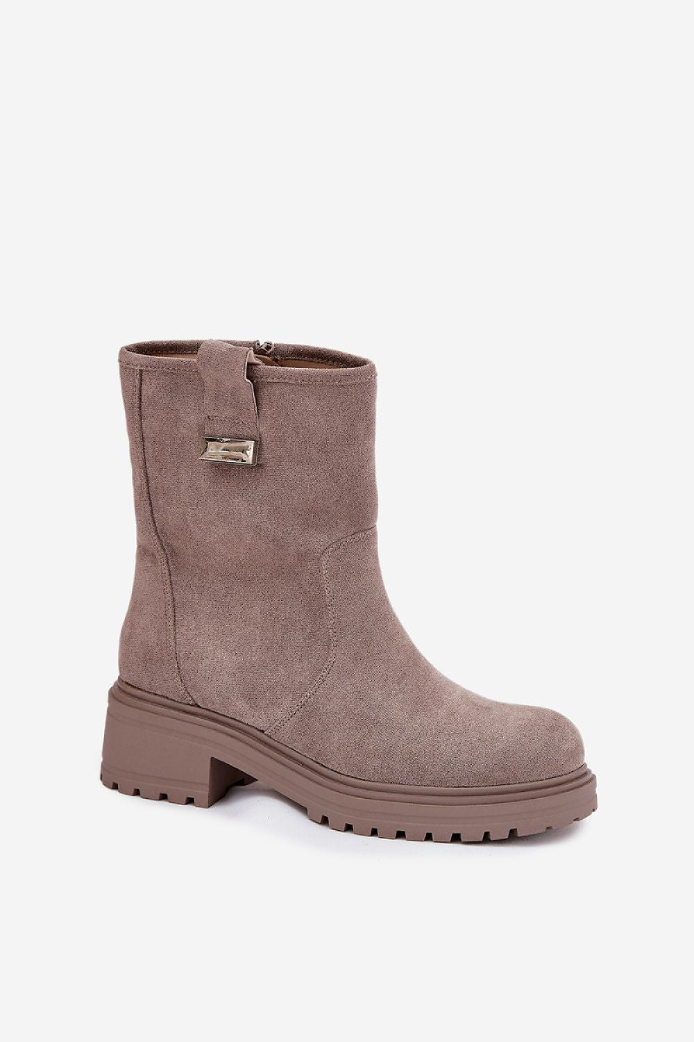 Elegant faux suede ankle boots with a decorative strap, designed for comfort and warmth, by Step in Style.
