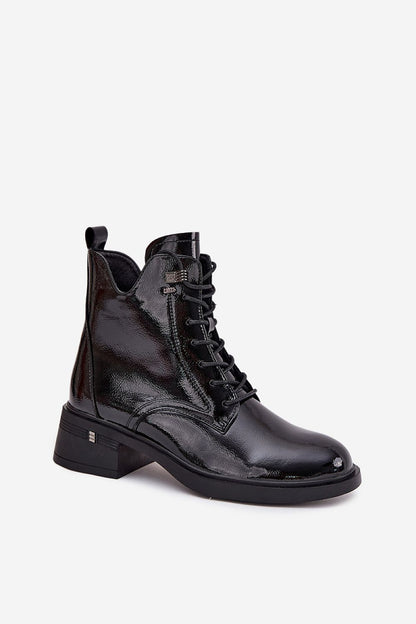 Vinceza Women's Eco Leather Ankle Boots with Laces & Zipper in black, featuring a stylish block heel ideal for autumn-winter fashion from Step in Style.