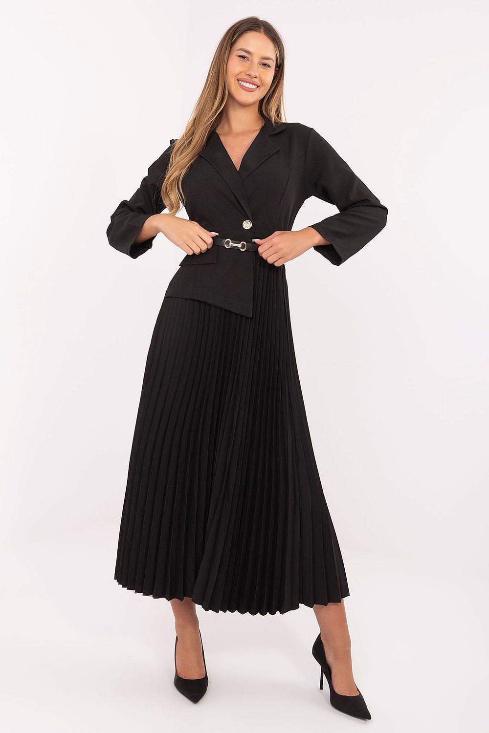 Back view of an Italy Moda elegant maxi dress with a belted waist, perfect for enhancing the feminine figure.