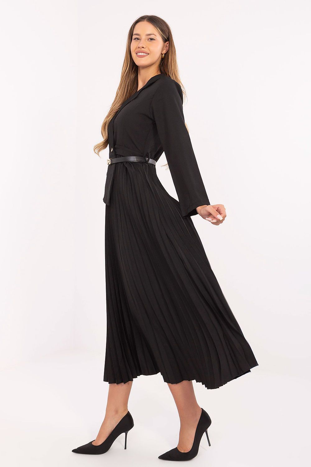 Elegant maxi dress by Italy Moda featuring a sailor collar, pleated skirt, and long sleeves, perfect for formal and professional events in EU sizes 0 - 6.