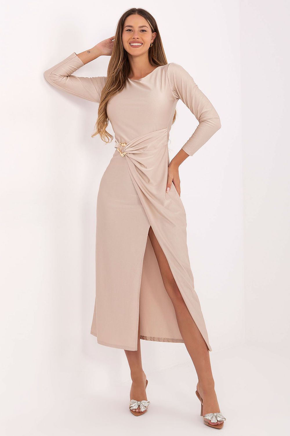Elegant midi evening dress by Italy Moda featuring a sophisticated wrap-around style, perfect for formal occasions.