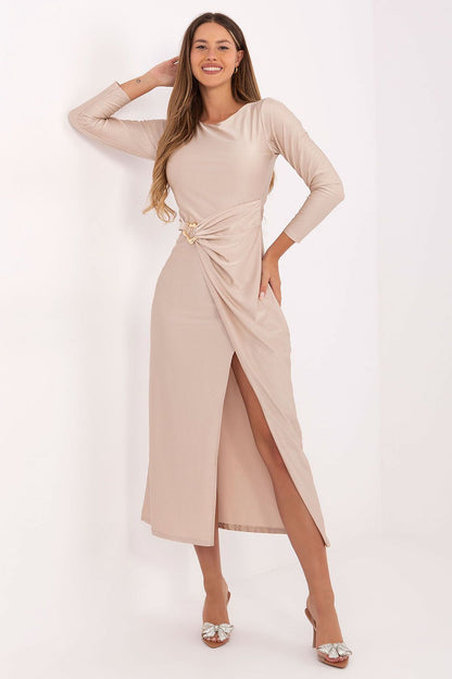 Elegant midi evening dress by Italy Moda featuring a sophisticated wrap-around style, perfect for formal occasions.