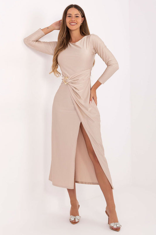 Elegant midi evening dress by Italy Moda featuring a sophisticated wrap-around style, perfect for formal occasions.