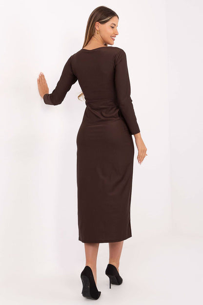 Back view of Italy Moda's wrap-around midi evening dress, emphasizing its flattering silhouette and graceful flow for upscale events.