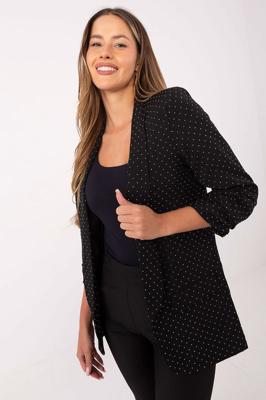 Front view of Italy Moda's women’s sequin blazer, showcasing its stylish pleated 3/4 sleeves and sophisticated silhouette.