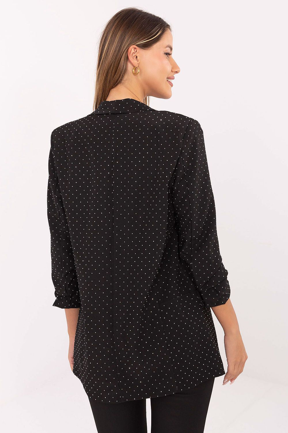 Back view of Italy Moda's luxurious buttonless sequin blazer for women, highlighting its elegant fit and shimmering fabric.