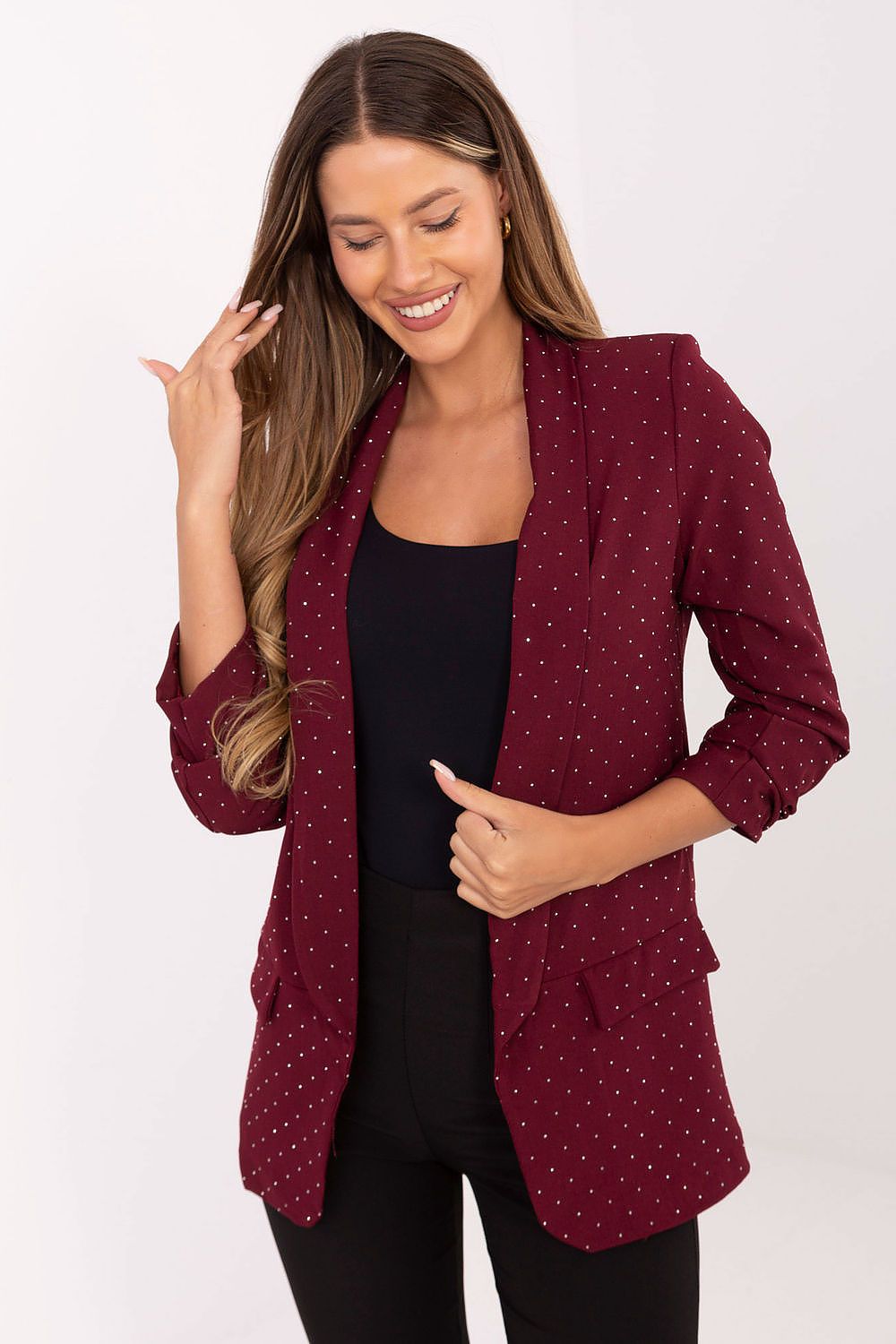 Stylish rear view of Italy Moda's buttonless 3/4 sleeve sequin blazer, highlighting its modern silhouette and shoulder pads.