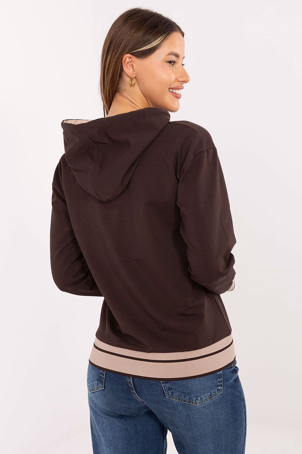 Luxury women's casual hooded sweatshirt in cotton-blend by Relevance, featuring stylish embroidery and contrasting cuffs.