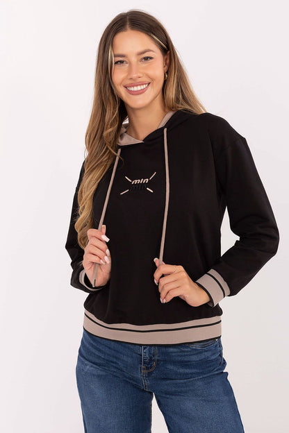 Elegant women's cotton-blend sweatshirt by Relevance, showcasing a modern design with a practical drawstring hood.