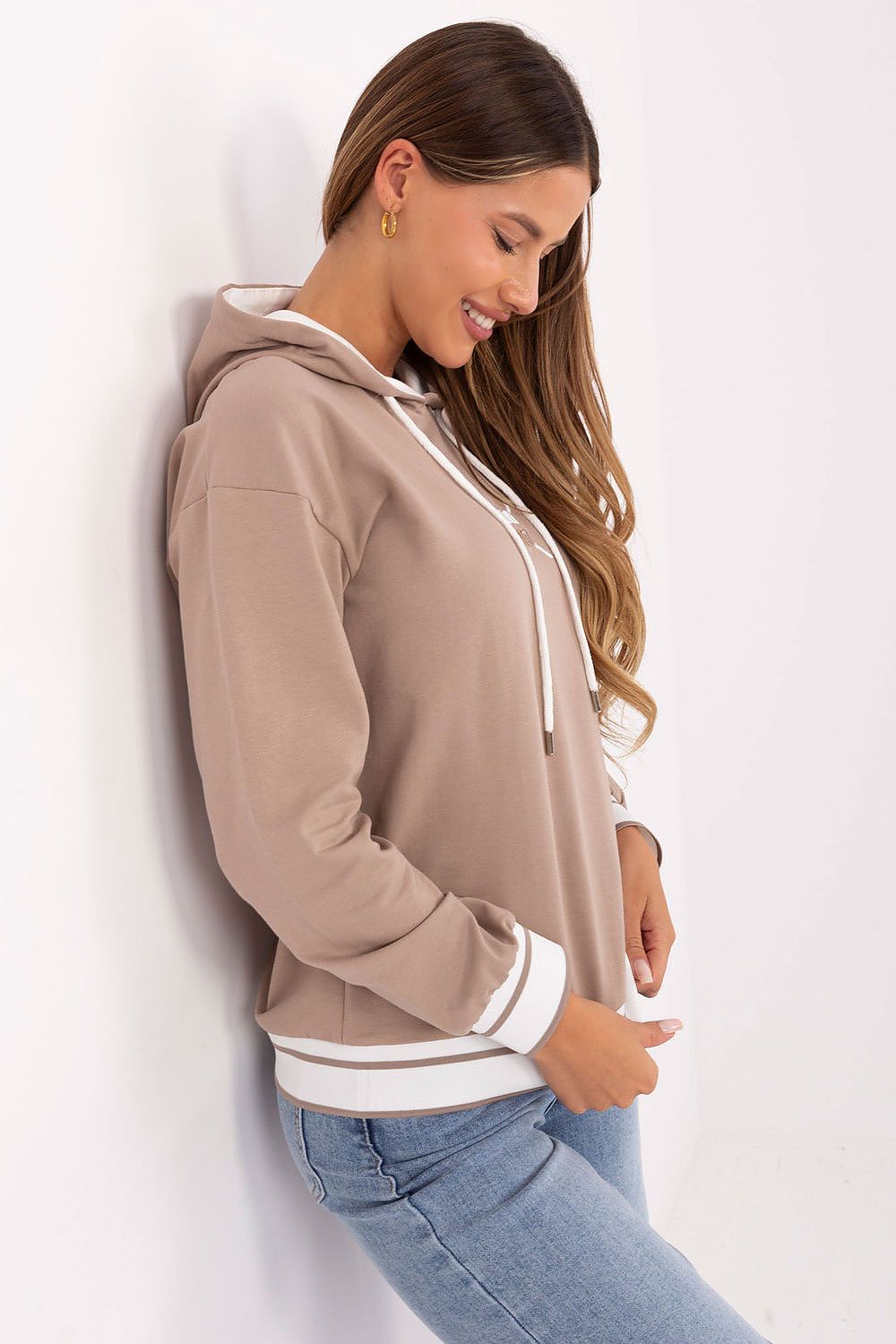 Back view of Luxury Women's Cotton-Blend Sweatshirt with Hood by Relevance, illustrating the modern cut and comfortable fabric.