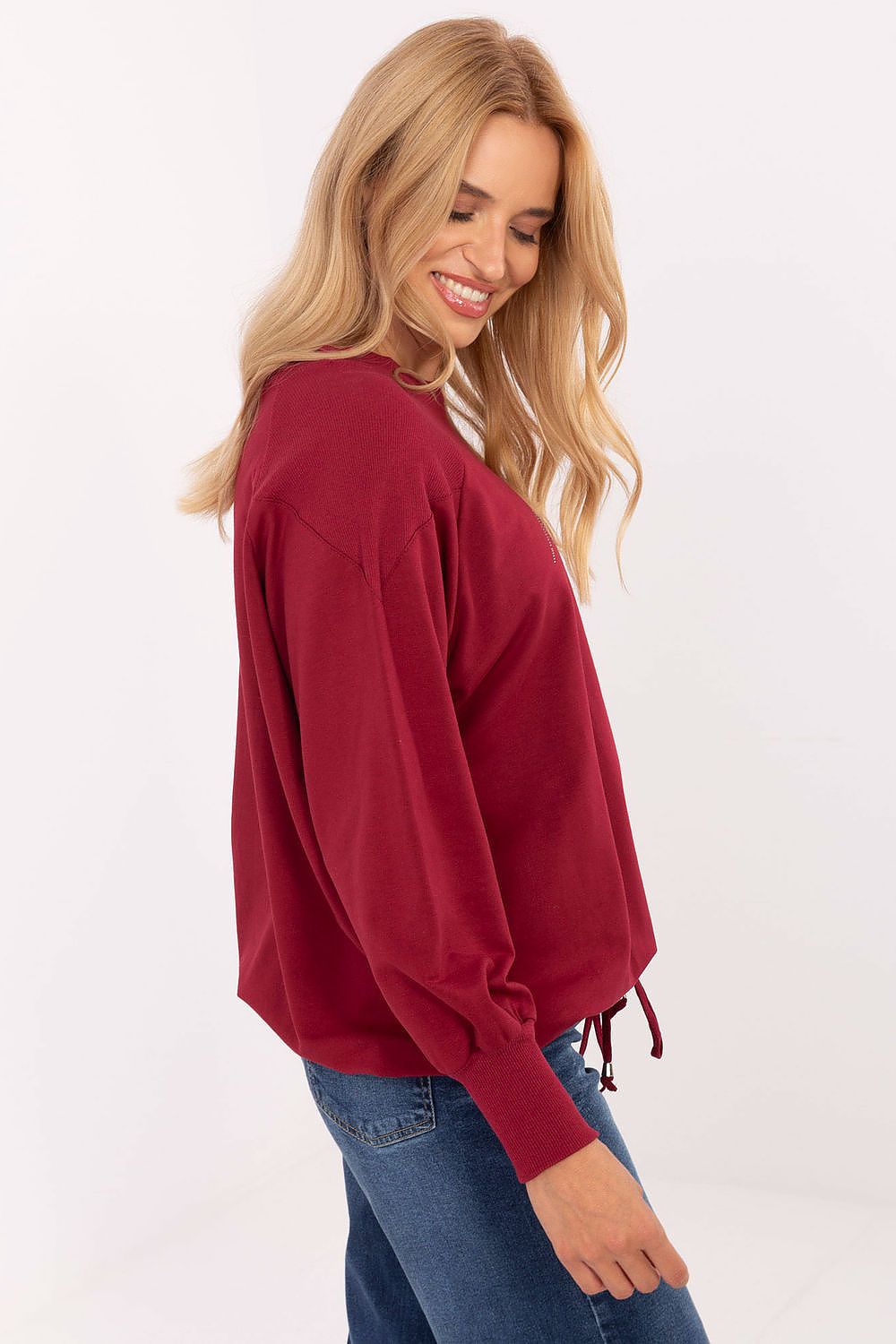 Elegant casual blouse for women in a luxurious cotton blend by Relevance, featuring stylish studs and adjustable tie, perfect for sophisticated everyday wear.