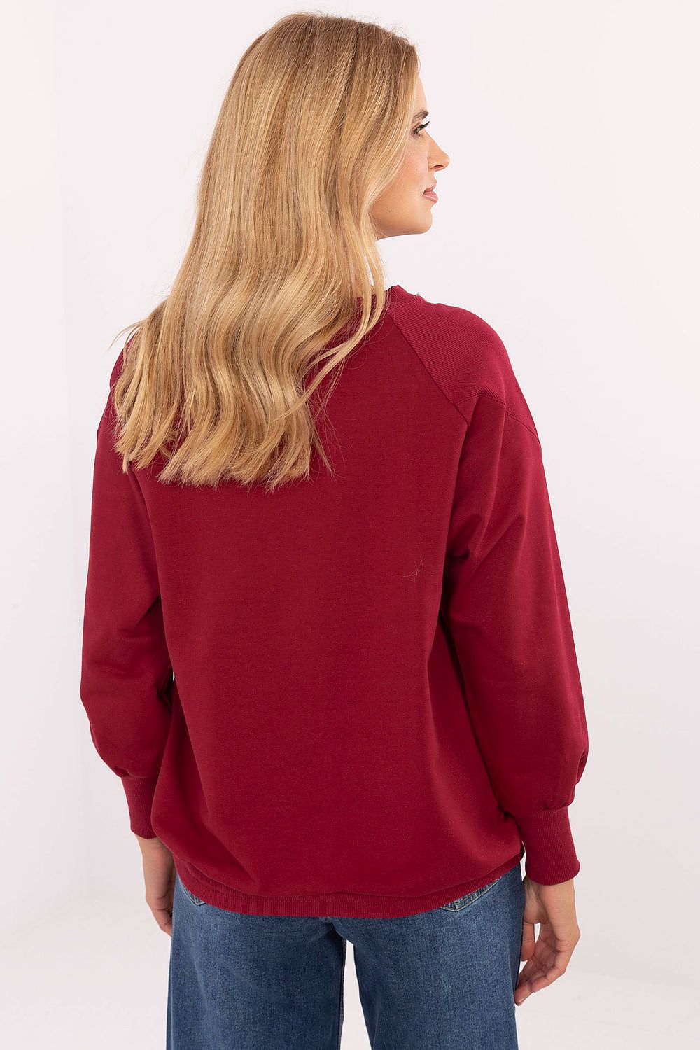 Chic women's blouse in cotton blend with fashionable studs and adjustable tie by Relevance, showcasing a classic round neckline and long sleeves for a classy look.