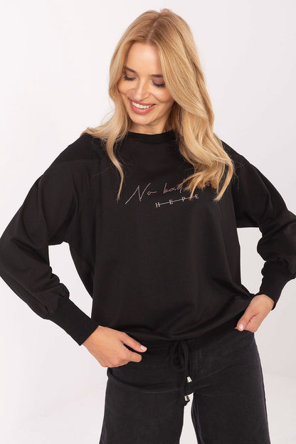 Luxury elegant women's casual blouse in cotton blend with stylish studs and adjustable tie, designed by Relevance, showcasing a simple cut with long sleeves and a classic round neckline.