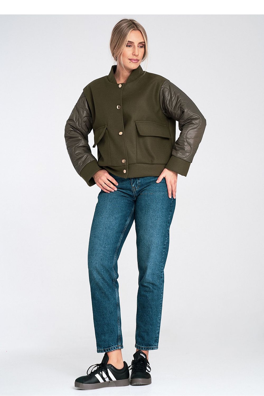 Figl Jacket displayed on a model, illustrating its perfect fit for EU S/M | US S/M sizes, combining elegance with luxury.