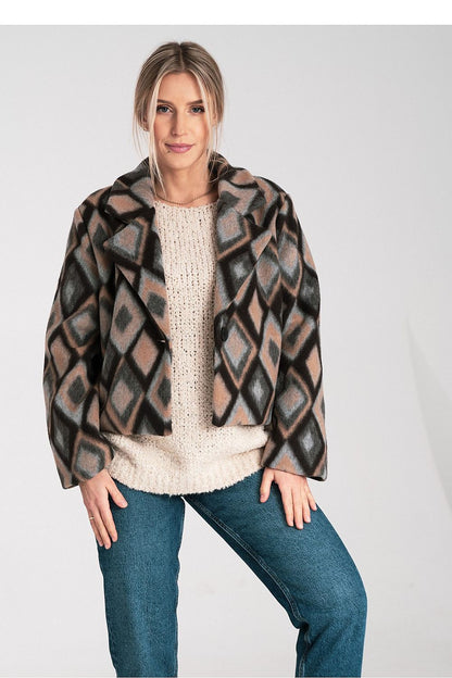 Stylish woman wearing Figl Luxury Spandex-Blend Jacket, demonstrating versatility for casual and formal outfits.