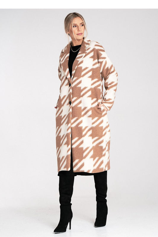 Luxury polyester long coat by Figl in elegant style, perfect for chic outfits, showcasing EU size 0.