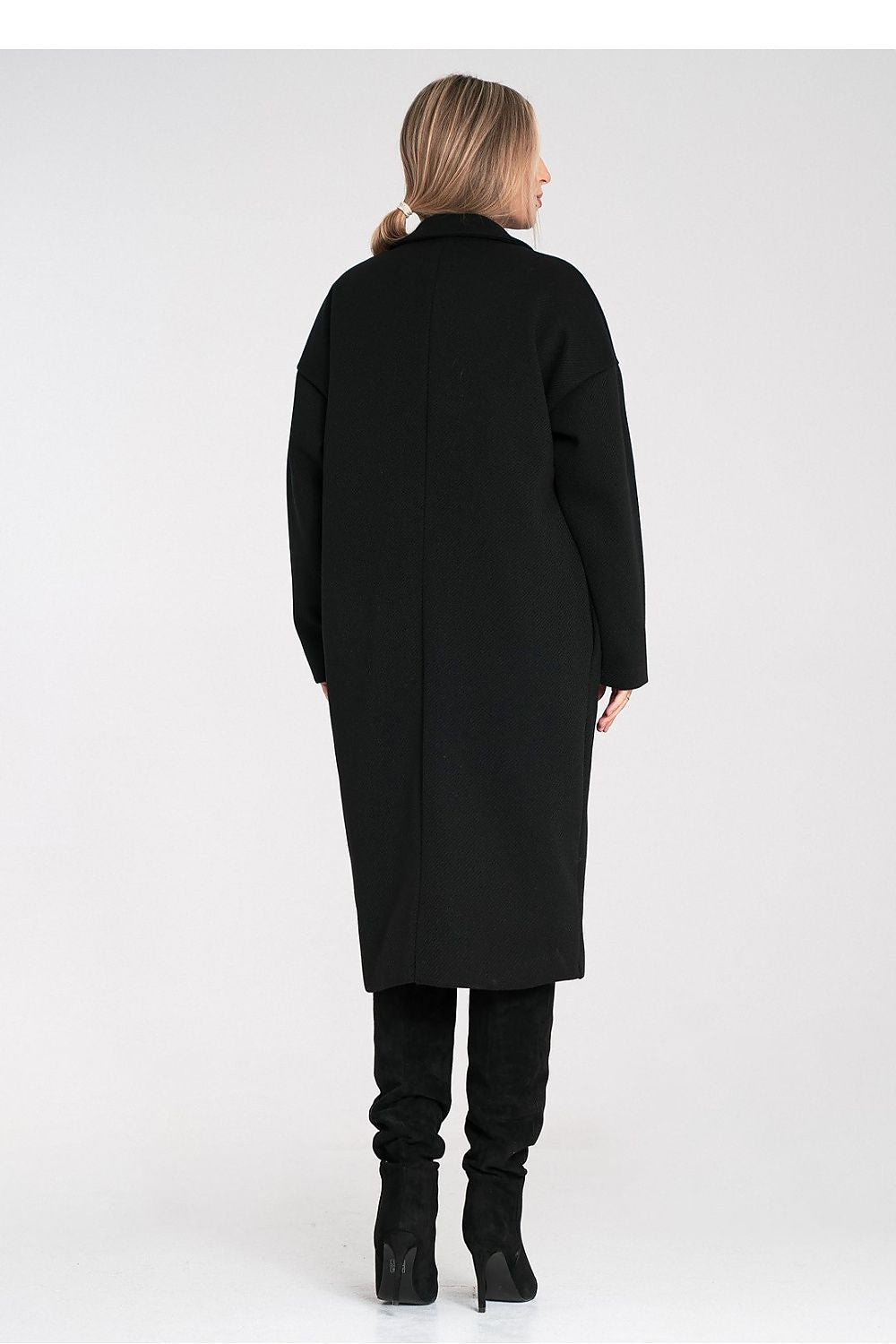 Stylish Luxury Figl coat hung elegantly, showcasing its sophisticated design and 100% polyester material.
