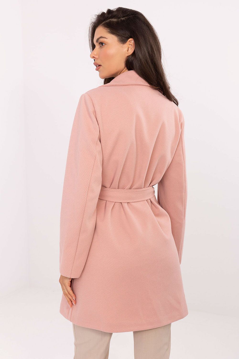 Back view of Rue Paris sophisticated polyester coat, highlighting its flattering fit and tailored silhouette.