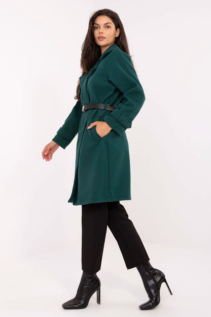 Elegant Rue Paris polyester coat displayed with measurements in EU 0 size, 94 cm length, capturing the elegant silhouette and premium styling.