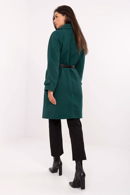 Elegant Rue Paris polyester coat on model, showcasing its flattering fit and luxurious appeal for modern fashionistas.