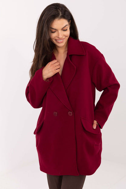 Model wearing Rue Paris luxury polyester coat in size EU 0, exuding elegance and chic vibes for any occasion.