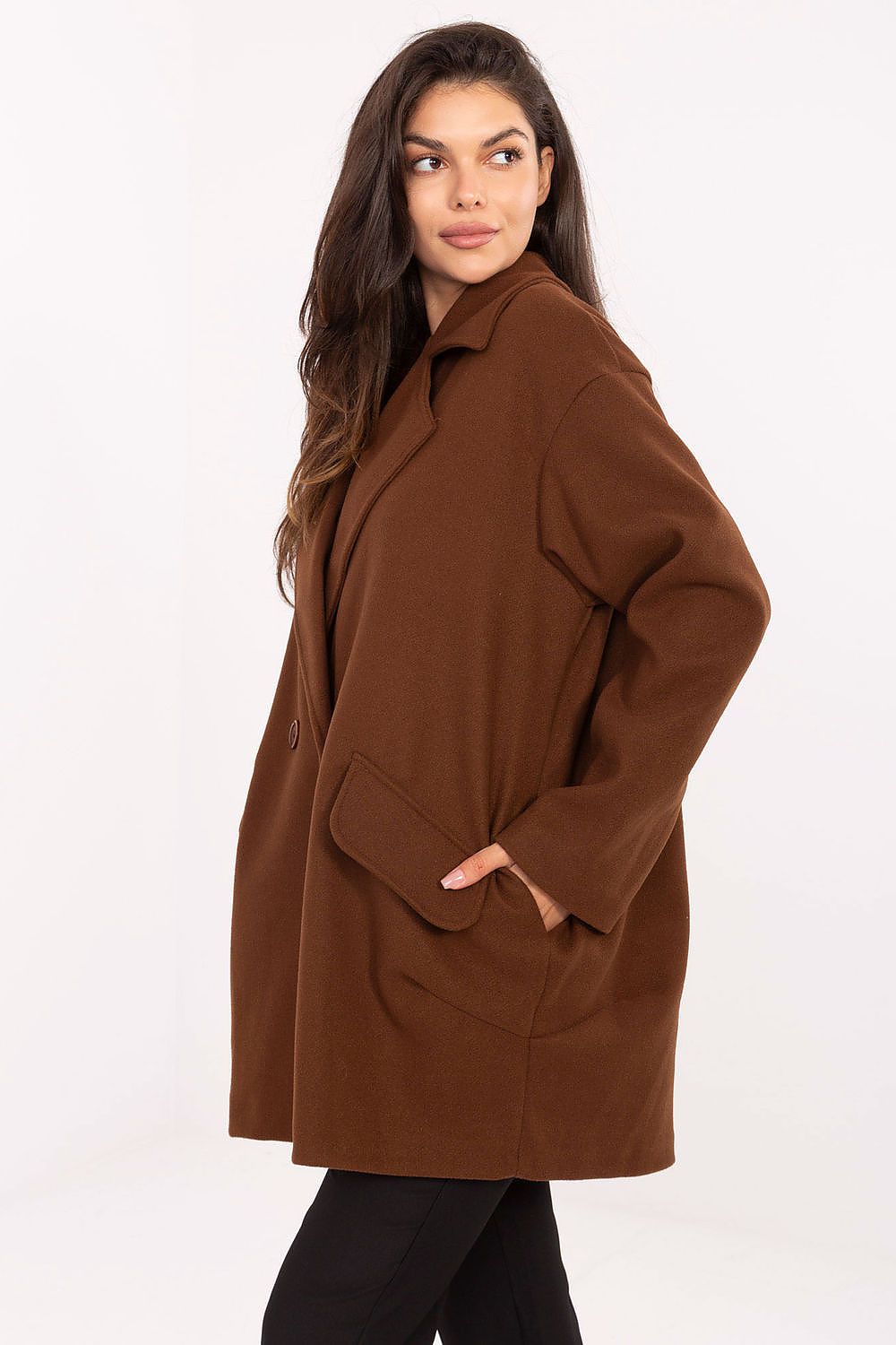 Rue Paris Luxury Polyester Coat displayed on a hanger, emphasizing its elegant design and versatility for chic layering.
