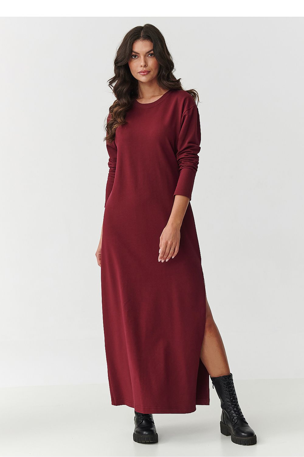 Model wearing the Makadamia Cotton Spandex Daydress, exemplifying an elegant and comfortable fit, perfect for any occasion.