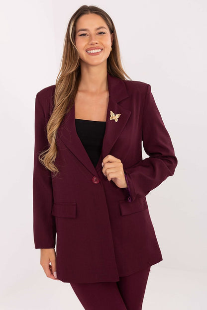 Sophisticated polyester and elastane blazer for women by Rue Paris, showcasing a refined decorative brooch detail.