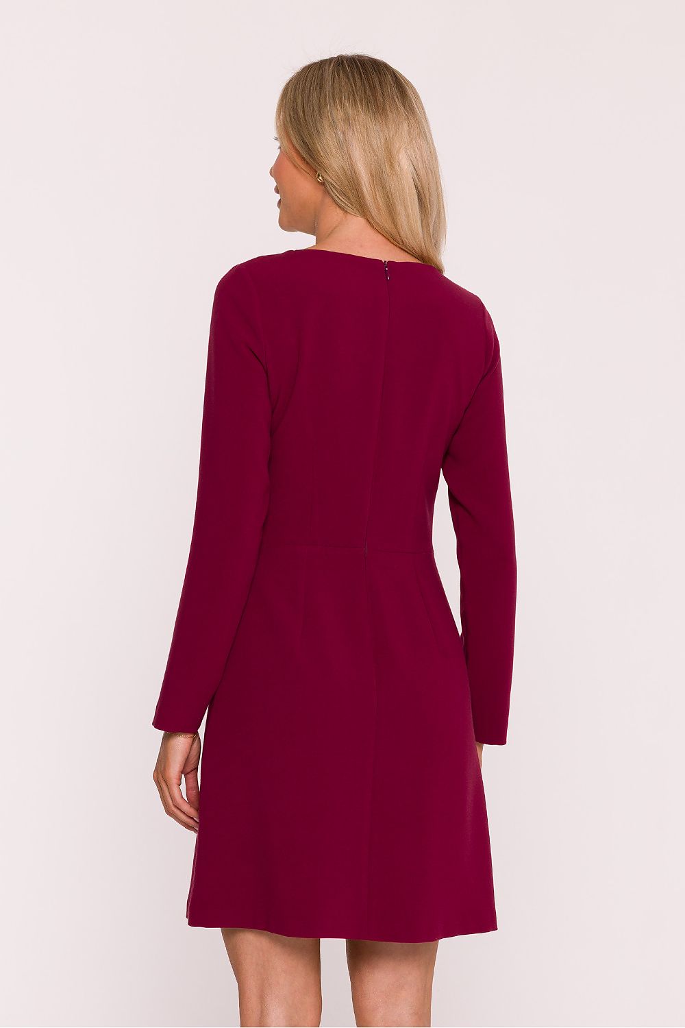 Stylove luxurious dress with a smooth finish, showcasing a classic rounded neckline and stylish long sleeves.