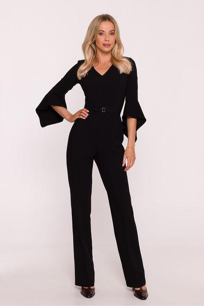 Close-up detail of Stylove's elegant women's jumpsuit showcasing its refined ruffled sleeves and smooth fabric finish.