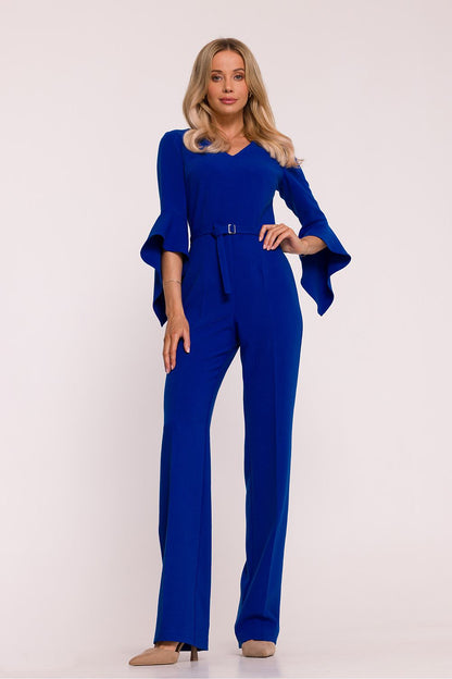 Stylove women's jumpsuit displayed on a model, highlighting its sophisticated V-neck design and chic 7/8 ruffled sleeves.