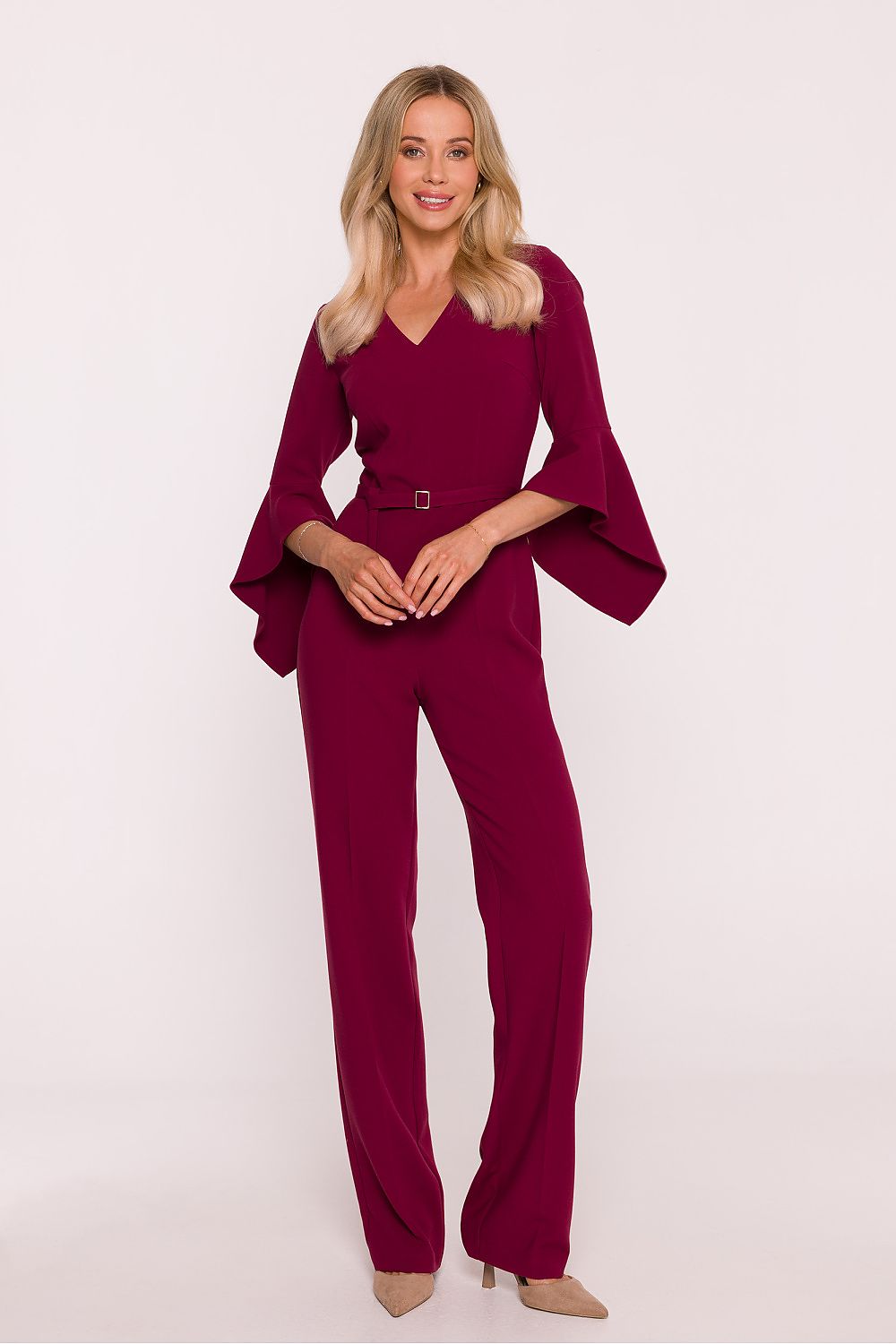 Elegant Stylish Women's Jumpsuit with Ruffled Sleeves, V-Neck Design by Stylove, Perfect for Special Occasions and Business Meetings.