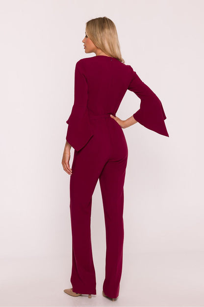 Front View of a Sophisticated Women's Jumpsuit with Ruffled Sleeves and Belt, Crafted by Stylove.