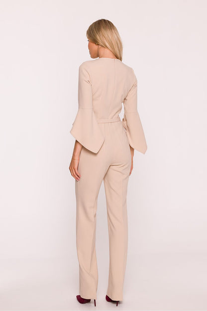Back View of Stylist Women's Jumpsuit with Concealed Zip and Ruffles by Stylove, Ideal for Elegant Receptions.