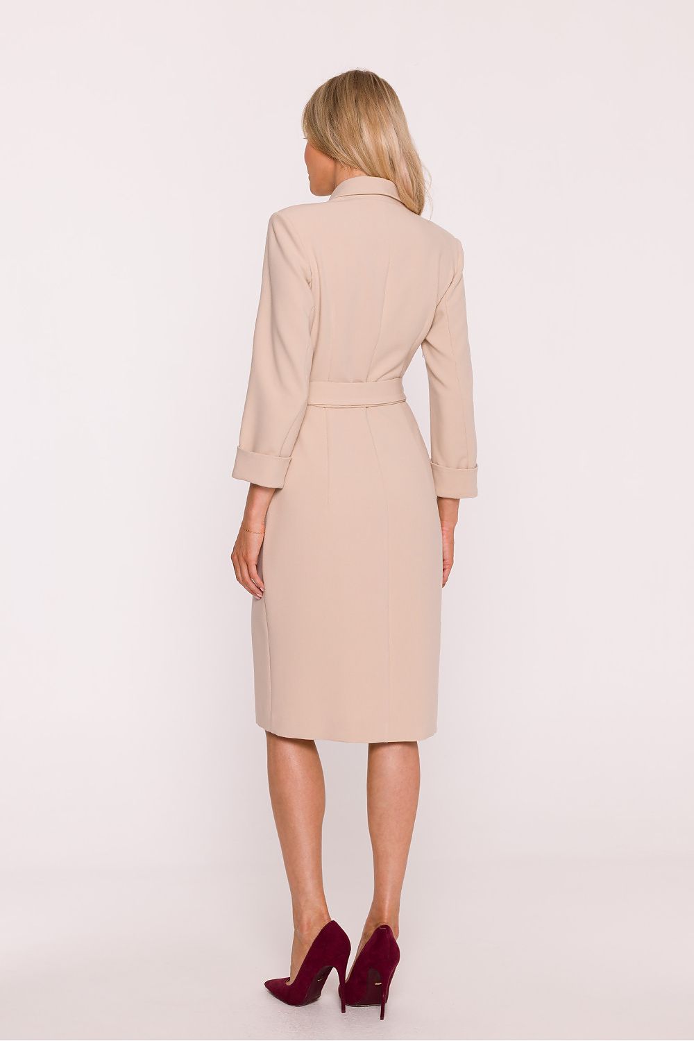 Stylish wrap-around daydress with V-neckline and tie belt by Stylove, showcasing an elegant shawl collar and 7/8 length sleeves, designed for luxurious comfort and a flattering fit.