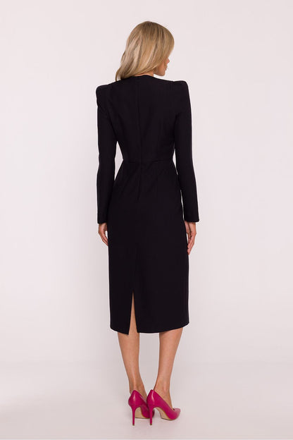 Close-up of the round neckline and long straight sleeves of the Stylove Pencil Dress, embodying timeless luxury.