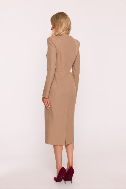 Stylish and elegant Stylove pencil dress with shoulder pads and high slit, showcasing a fitted silhouette perfect for formal occasions and business styling, designed for sizes S to XXL.