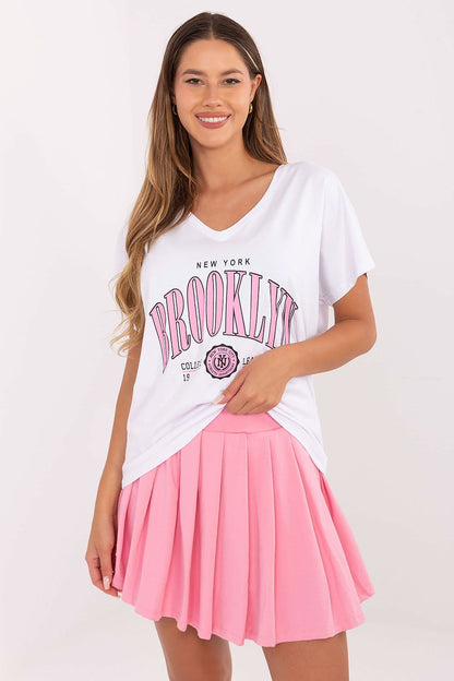 Luxury women's casual set by Relevance featuring a V-neck T-shirt and pleated mini skirt in EU size 0, crafted from a comfortable cotton and spandex blend.