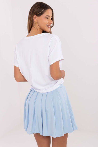 Luxury women's casual t-shirt and pleated mini skirt set by Relevance, featuring a soft cotton blend, trendy V-neckline, and feminine pleated design, perfect for stylish everyday wear.