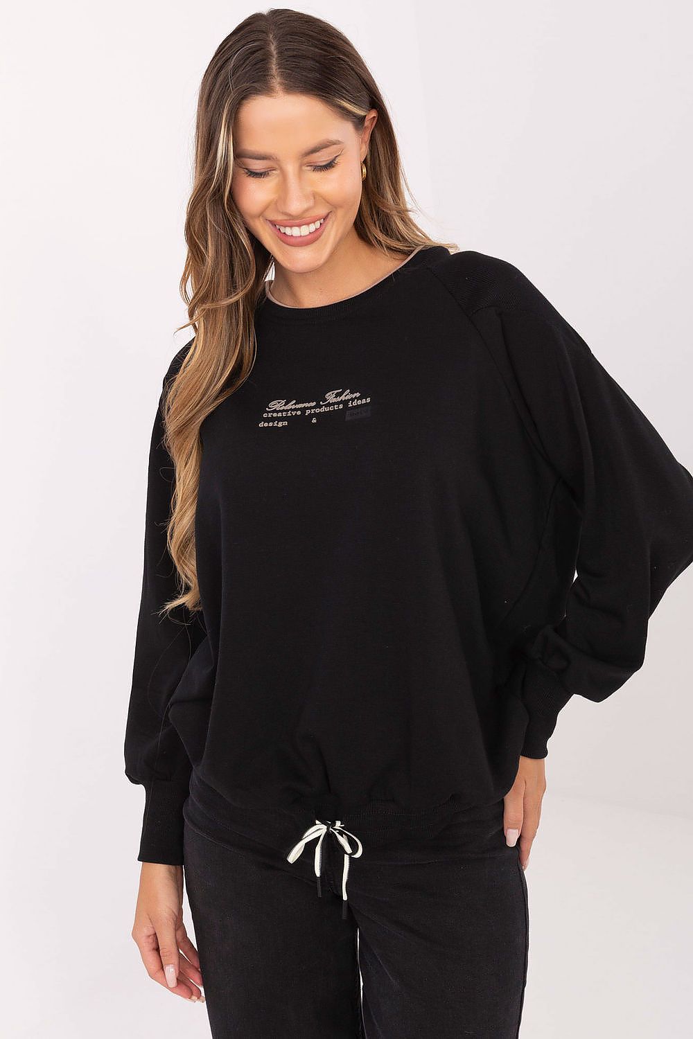 Elegant round neckline and long sleeves design of Relevance's women's sweatshirt, crafted for comfort and style in a versatile cotton-polyester fabric.