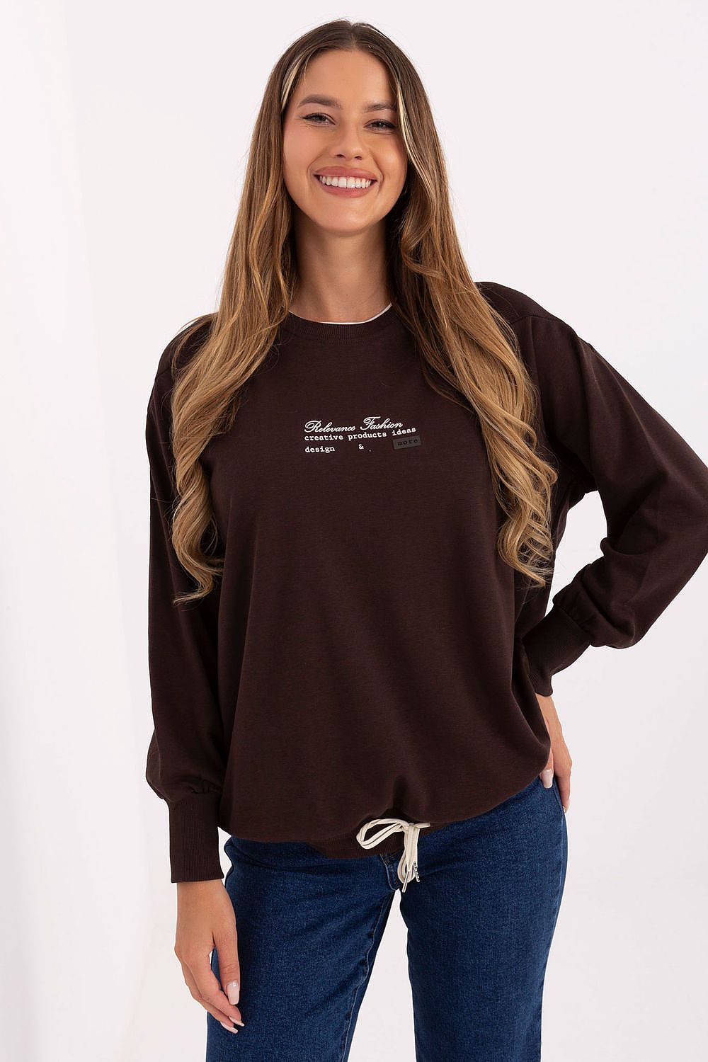 Elegant casual women's sweatshirt by Relevance made from a luxurious cotton-polyester blend, featuring a stylish print and tying bottom design, perfect for chic everyday wear.