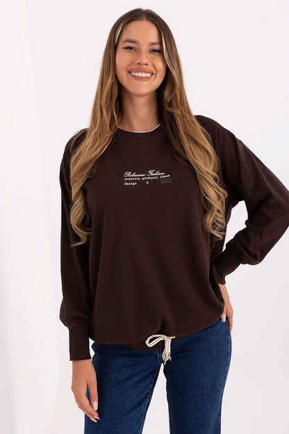 Elegant casual women's sweatshirt by Relevance made from a luxurious cotton-polyester blend, featuring a stylish print and tying bottom design, perfect for chic everyday wear.